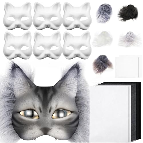 Katzenmasken zum Bemalen,29 Stück Therian Mask Kit mit Blanko Katzenmaske,Kunstpelz,Augennetz und Filztuch,DIY Maskes Kunsthandwerk Kit Unbemalt Masken für Halloween Maskerade Cosplay (01) von Keho Keho Kehongdun