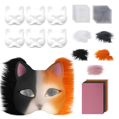 Katzenmasken zum Bemalen,29 Stück Therian Mask Kit mit Blanko Katzenmaske,Kunstpelz,Augennetz und Filztuch,DIY Maskes Kunsthandwerk Kit Unbemalt Masken für Halloween Maskerade Cosplay (02) von Keho Keho Kehongdun