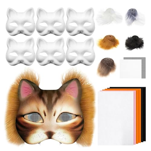 Katzenmasken zum Bemalen,29 Stück Therian Mask Kit mit Blanko Katzenmaske,Kunstpelz,Augennetz und Filztuch,DIY Maskes Kunsthandwerk Kit Unbemalt Masken für Halloween Maskerade Cosplay (03) von Keho Keho Kehongdun