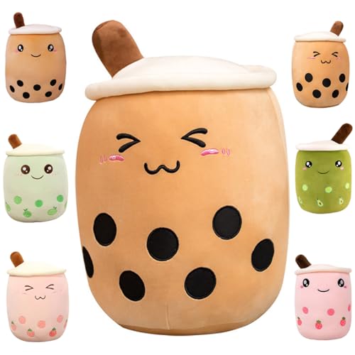 Kekeso Boba Stofftier Plüschkissen Weiches lebensechtes Bubble Pearl Milk Tea Kuschelkissen Cartoon Plüsch Rückenkissen Geschenk Spielzeug (Brown-Small Eyes, 50cm/19.68inch) von Kekeso