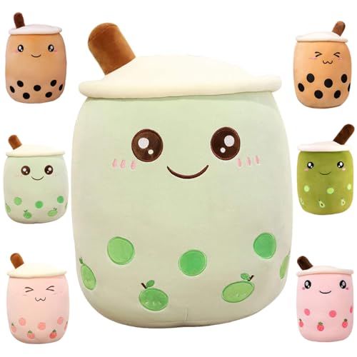 Kekeso Boba Stofftier Plüschkissen Weiches lebensechtes Bubble Pearl Milk Tea Kuschelkissen Cartoon Plüsch Rückenkissen Geschenk Spielzeug (Green-Big Eyes, 25cm/9.84inch) von Kekeso