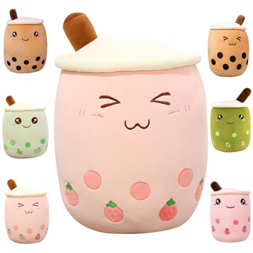 Kekeso Boba Stofftier Plüschkissen Weiches lebensechtes Bubble Pearl Milk Tea Kuschelkissen Cartoon Plüsch Rückenkissen Geschenk Spielzeug (Pink-Small Eyes, 35cm/13.77inch) von Kekeso