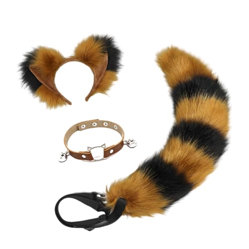 Kelisdi Fuchs Schwanz Glocken Halsband Katzen Ohren Haarband Plüsch Tier Schwanz Verstellbarer Gürtel Halloween Kostüm Zubehör für Karneval von Kelisdi