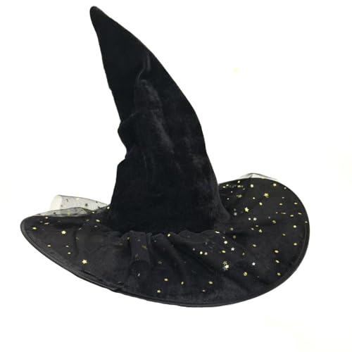 Kelisdi Hexenhut mit breiter Krempe, Sterne, Spitze, große schwarze Hexen, Halloween, Cosplay, Kostüm für Damen, Mädchen, Halloween von Kelisdi