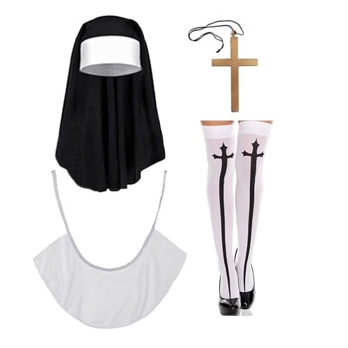 Kelisdi Nonnen-Kostüm-Set, Nonnenhut, Nonnen-Kragen, Anhänger, Halskette, Oberschenkelhohe Socken für Halloween, Cosplay, Karneval, Mottoparty Kelisdi Nonnen-Kostüm-Set, Nonnenhut, Nonnen-Kragen, Anhänger, Halskette, Oberschenkelhohe Socken für Halloween, Cosplay, Karneval, Mottoparty von Kelisdi