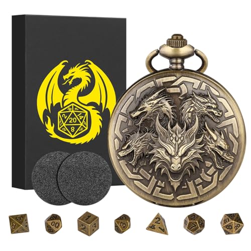 7-teilige Polyedrische Metall D&D Würfel, Mini DND Würfel Set, mit Steampunk Fünf Drachenkopf Taschenuhrgehäuse, DND Geschenke mit Geschenk Box, RPG, MTG, Rollenspiele-Brettspielzubehör Würfel, Bronze 7-teilige Polyedrische Metall D&D Würfel, Mini DND Würfel Set, mit Steampunk Fünf Drachenkopf Taschenuhrgehäuse, DND Geschenke mit Geschenk Box, RPG, MTG, Rollenspiele-Brettspielzubehör Würfel, Bronze von Keller & Weber