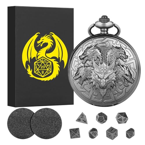 7-teilige Polyedrische Metall D&D Würfel, Mini DND Würfel Set, mit Steampunk Fünf Drachenkopf Taschenuhrgehäuse, DND Geschenke mit Geschenk Box, Rollenspiele-Brettspielzubehör Würfel, Dunkel Silber von Keller & Weber