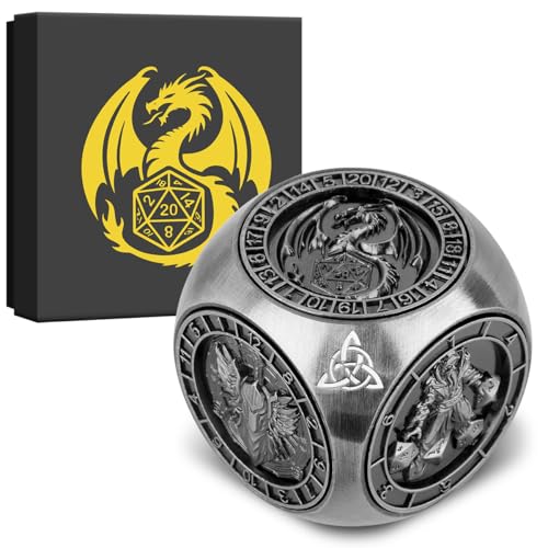 DND Fingertip Spinner Würfel, 7-in-1 Metall Würfel Set mit 3D Relief, D&D Polyedrische Rotierende Spielwürfel, DND Geschenke mit Drachen Logo Geschenkbox, RPG, Rollenspiel Brettspielzubehör, Silber von Keller & Weber
