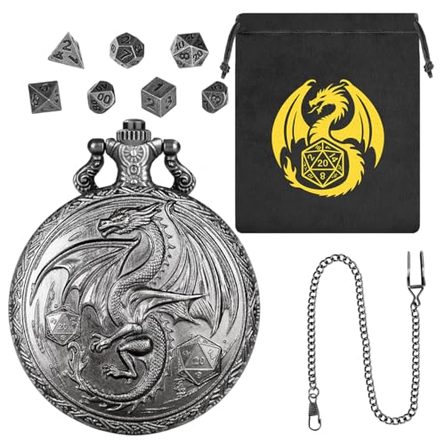 Mini DND Würfel Set, Steampunk Geflügelter Drachen Taschenuhr Schale Hülle, 7-teilige Polyedrische Metall D&D Würfel, DND Geschenktüte mit Drachen Logo, Rollenspiel Brettspiel-Zubehör, Dunkel Silber Mini DND Würfel Set, Steampunk Geflügelter Drachen Taschenuhr Schale Hülle, 7-teilige Polyedrische Metall D&D Würfel, DND Geschenktüte mit Drachen Logo, Rollenspiel Brettspiel-Zubehör, Dunkel Silber von Keller & Weber