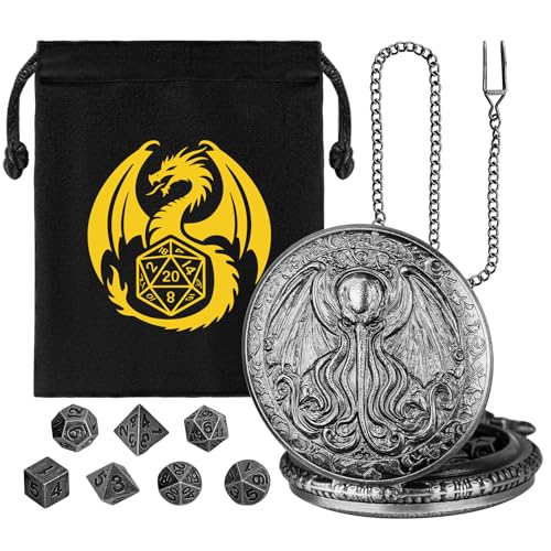 Mini DND Würfel Set, Steampunk Oktopus mit Flügeln Taschenuhr Schale Hülle, 7-teilige Polyedrische Metall D&D Würfel, DND Geschenktüte mit Drachen Logo, Rollenspiel Brettspiel-Zubehör, Dunkel Silber von Keller & Weber