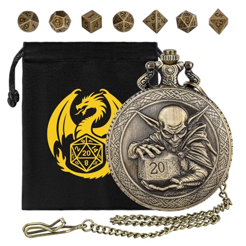 Mini DND Würfel Set, mit Steampunk D20 Würfelmuster Taschenuhr Schale Hülle, 7-teilige Polyedrische Metall D&D Würfel, DND Geschenktüte mit Drachen Logo, RPG, Rollenspiel Brettspiel-Zubehör, Bronze von Keller & Weber