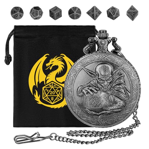 Mini DND Würfel Set, mit Steampunk D20 Würfelmuster Taschenuhr Schale Hülle, 7-teilige Polyedrische Metall D&D Würfel, DND Geschenktüte mit Drachen Logo, Rollenspiel Brettspiel-Zubehör, Dunkel Silber Mini DND Würfel Set, mit Steampunk D20 Würfelmuster Taschenuhr Schale Hülle, 7-teilige Polyedrische Metall D&D Würfel, DND Geschenktüte mit Drachen Logo, Rollenspiel Brettspiel-Zubehör, Dunkel Silber von Keller & Weber