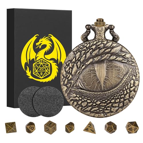 Mini DND Würfel Set, mit Steampunk Drachenauge Taschenuhrgehäuse, 7-teilige Polyedrische Metall D&D Würfel, DND Geschenke mit Geschenk Box, RPG, MTG, Rollenspiele-Brettspielzubehör Würfel, Bronze von Keller & Weber