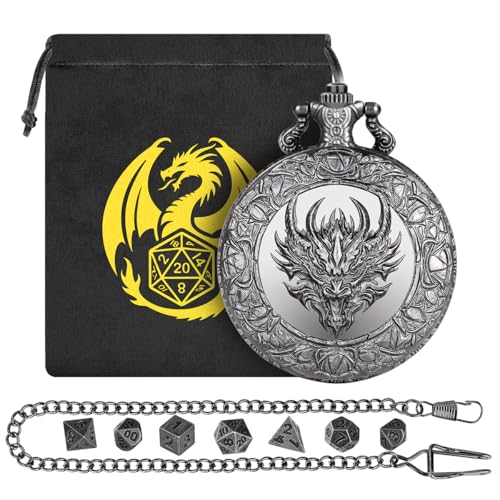 Mini DND Würfel Set, mit Steampunk Drachenkopf Taschenuhr Schale Hülle, 7-teilige Polyedrische Metall D&D Würfel, DND Geschenktüte mit Drachen Logo, MTG, Rollenspiel Brettspiel-Zubehör, Dunkel Silber Mini DND Würfel Set, mit Steampunk Drachenkopf Taschenuhr Schale Hülle, 7-teilige Polyedrische Metall D&D Würfel, DND Geschenktüte mit Drachen Logo, MTG, Rollenspiel Brettspiel-Zubehör, Dunkel Silber von Keller & Weber