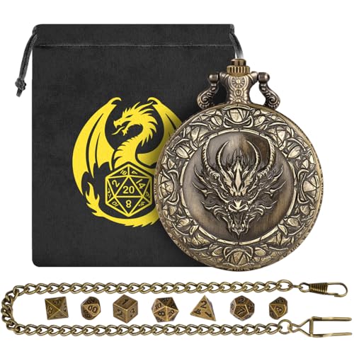 Mini DND Würfel Set, mit Steampunk Drachenkopf Taschenuhr Schale Hülle, 7-teilige Polyedrische Metall D&D Würfel, DND Geschenktüte mit Drachen Logo, RPG, MTG, Rollenspiel Brettspiel-Zubehör, Bronze Mini DND Würfel Set, mit Steampunk Drachenkopf Taschenuhr Schale Hülle, 7-teilige Polyedrische Metall D&D Würfel, DND Geschenktüte mit Drachen Logo, RPG, MTG, Rollenspiel Brettspiel-Zubehör, Bronze von Keller & Weber