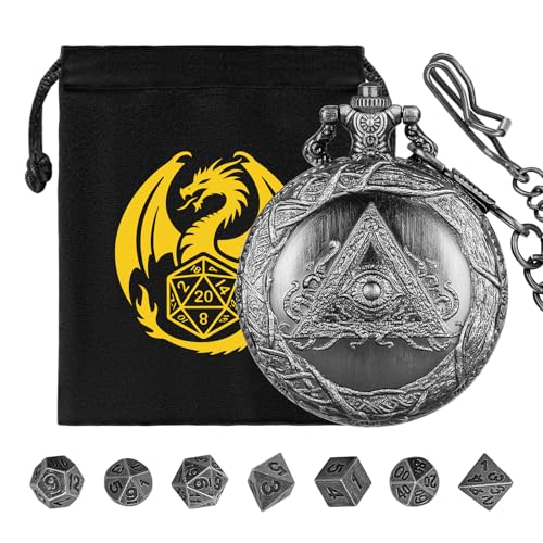 Mini DND Würfel Set, mit Steampunk Dreieckiges Auge Taschenuhr Schale Hülle, 7-teilige Polyedrische Metall D&D Würfel, DND Geschenktüte mit Drachen Logo, Rollenspiel Brettspiel-Zubehör, Dunkel Silber von Keller & Weber