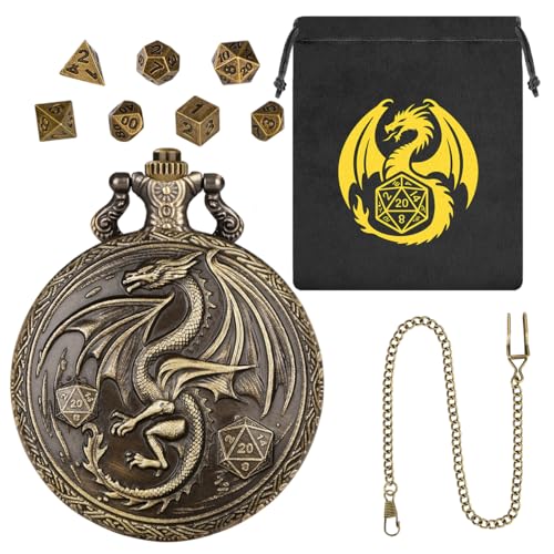 Mini DND Würfel Set, mit Steampunk Geflügelter Drachen Taschenuhr Schale Hülle, 7-teilige Polyedrische Metall D&D Würfel, DND Geschenktüte mit Drachen Logo, MTG, Rollenspiel Brettspiel-Zubehör, Bronze von Keller & Weber