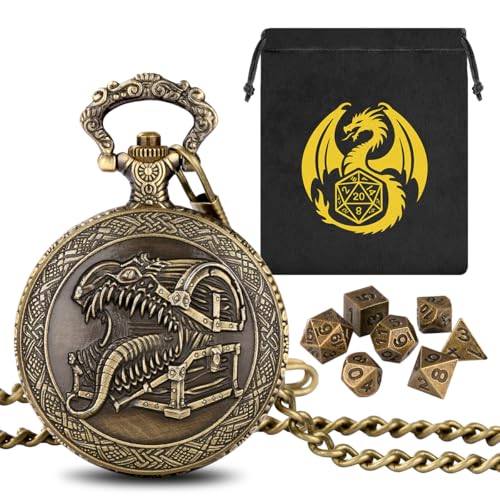 Mini DND Würfel Set, mit Steampunk Zunge Schatzkiste Taschenuhr Schale Hülle, 7-teilige Polyedrische Metall D&D Würfel, DND Geschenktüte mit Drachen Logo, RPG, Rollenspiel Brettspiel-Zubehör, Bronze von Keller & Weber