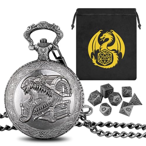 Mini DND Würfel Set, mit Steampunk Zunge Schatzkiste Taschenuhr Schale Hülle, 7-teilige Polyedrische Metall D&D Würfel, DND Geschenktüte mit Drachen Logo, Rollenspiel Brettspiel-Zubehör, Dunkel Silber von Keller & Weber