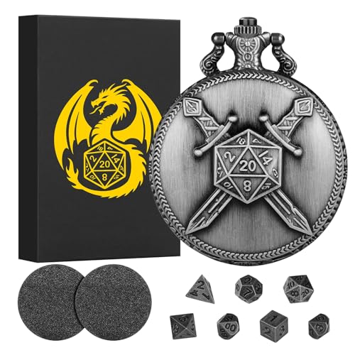 Mini DND Würfel Set Steampunk Doppelschwert Kreuzen Taschenuhr Hülle, 7-teilige Polyedrische Metall D&D Würfelset, DND Geschenke mit Geschenkbox, Rollenspiele-Brettspielzubehör Würfel, Dunkel Silber Mini DND Würfel Set Steampunk Doppelschwert Kreuzen Taschenuhr Hülle, 7-teilige Polyedrische Metall D&D Würfelset, DND Geschenke mit Geschenkbox, Rollenspiele-Brettspielzubehör Würfel, Dunkel Silber von Keller & Weber