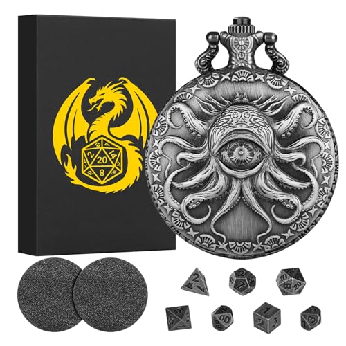 Mini DND Würfel Set Steampunk Einäugiger Tintenfisch Taschenuhr Hülle, 7-teilige Polyedrische Metall D&D Würfelset, DND Geschenke mit Geschenkbox, Rollenspiele-Brettspielzubehör Würfel, Dunkel Silber Mini DND Würfel Set Steampunk Einäugiger Tintenfisch Taschenuhr Hülle, 7-teilige Polyedrische Metall D&D Würfelset, DND Geschenke mit Geschenkbox, Rollenspiele-Brettspielzubehör Würfel, Dunkel Silber von Keller & Weber