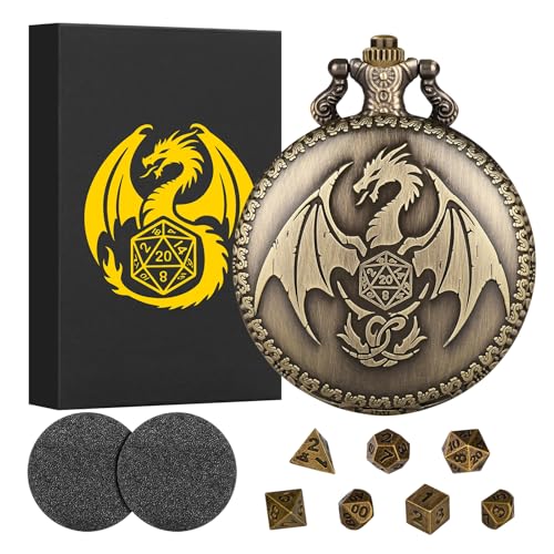 Mini DND Würfel Set mit Steampunk Drachen Taschenuhrgehäuse, 7-teilige Polyedrische Metall D&D Würfelset, DND Geschenke mit Geschenkbox, Grußkarte, Rollenspiele-Brettspielzubehör Würfel, Bronze von Keller & Weber