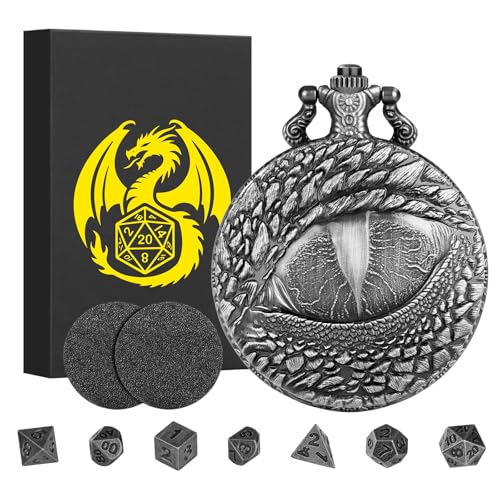 Mini DND Würfel Set mit Steampunk Drachenauge Taschenuhrgehäuse, 7-teilige Polyedrische Metall D&D Würfel, DND Geschenke mit Geschenk Box, MTG, Rollenspiele-Brettspielzubehör Würfel, Dunkel Silber von Keller & Weber