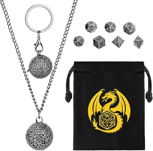 Mini DND Würfel Set mit Tragbarem Schlüsselanhänger, Halskette, Hohler D100 Runde Kugel Käfig, Winziges 7-teiliges Polyedrisches Metall D&D Würfel Set, DND Geschenke mit Geschenktüten, Dunkel Silber von Keller & Weber