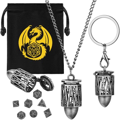 Mini DND Würfel Set mit Tragbarem Schlüsselanhänger, Halskette, Hohler D20 Geschossform Metallkäfig, Winziges 7-teiliges Polyedrisches Metall D&D Würfel, DND Geschenke mit Geschenktüten, Dunkel Silber Mini DND Würfel Set mit Tragbarem Schlüsselanhänger, Halskette, Hohler D20 Geschossform Metallkäfig, Winziges 7-teiliges Polyedrisches Metall D&D Würfel, DND Geschenke mit Geschenktüten, Dunkel Silber von Keller & Weber