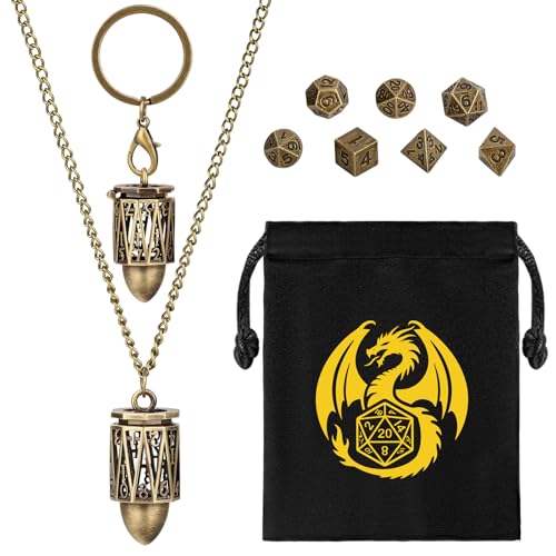 Mini DND Würfel Set mit Tragbarem Schlüsselanhänger, Halskette, Hohler D20 Geschossform Metallkäfig, Winziges 7-teiliges Polyedrisches Metall D&D Würfel, DND Geschenke mit Geschenktüten, Bronze von Keller & Weber