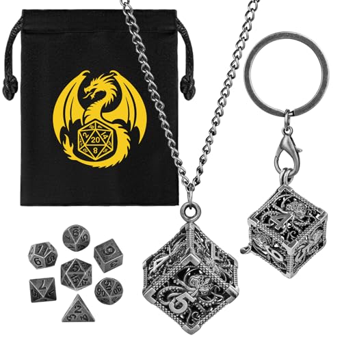 Mini DND Würfel Set mit Tragbarem Schlüsselanhänger, Halskette, Hohler D6 Oktopus Metallkäfig, Winziges 7-teiliges Polyedrisches Metall D&D Würfel Set, DND Geschenke mit Geschenktüten, Dunkel Silber Mini DND Würfel Set mit Tragbarem Schlüsselanhänger, Halskette, Hohler D6 Oktopus Metallkäfig, Winziges 7-teiliges Polyedrisches Metall D&D Würfel Set, DND Geschenke mit Geschenktüten, Dunkel Silber von Keller & Weber