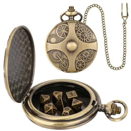 Mini DND Würfel Set mit Bronzefarbenen Steampunk Zahnrad Taschenuhrgehäuse, 7-teiliges D&D-Würfelset aus Polyedrischem Metall, D&D-Geschenke, Rollenspiel Brettspielzubehör Würfel Mini DND Würfel Set mit Bronzefarbenen Steampunk Zahnrad Taschenuhrgehäuse, 7-teiliges D&D-Würfelset aus Polyedrischem Metall, D&D-Geschenke, Rollenspiel Brettspielzubehör Würfel von Keller & Weber