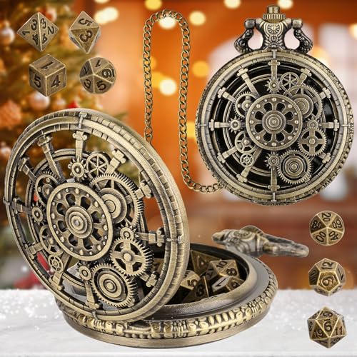 Mini DND Würfelset mit Steampunk Hohlzahnrad Taschenuhr Muschelgehäuse, 7-teiliges Polyedrisches D&D Würfelset aus Metall, Geschenke mit Weihnachtsgeschenkbox, Rollenspiel-Brettspielzubehör, Bronze von Keller & Weber