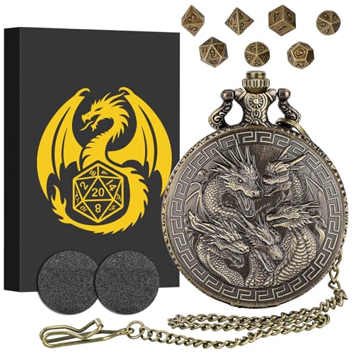 Steampunk Fünf Drachenkopf Taschenuhrgehäuse, mit 7-teilige Polyedrische Metall D&D Würfel, Mini DND Würfel Set, DND Geschenke mit Geschenk Box, RPG, MTG, Rollenspiele-Brettspielzubehör Würfel, Bronze Steampunk Fünf Drachenkopf Taschenuhrgehäuse, mit 7-teilige Polyedrische Metall D&D Würfel, Mini DND Würfel Set, DND Geschenke mit Geschenk Box, RPG, MTG, Rollenspiele-Brettspielzubehör Würfel, Bronze von Keller & Weber