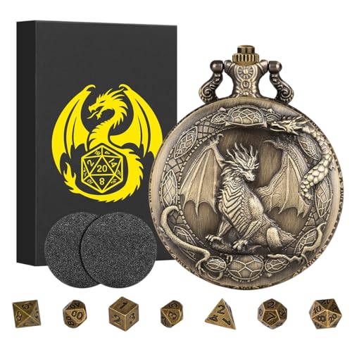 Steampunk Stehender Drache Taschenuhrgehäuse, mit 7-teilige Polyedrische Metall D&D Würfel, Mini DND Würfel Set, DND Geschenke mit Geschenk Box, RPG, MTG, Rollenspiele-Brettspielzubehör Würfel, Bronze Steampunk Stehender Drache Taschenuhrgehäuse, mit 7-teilige Polyedrische Metall D&D Würfel, Mini DND Würfel Set, DND Geschenke mit Geschenk Box, RPG, MTG, Rollenspiele-Brettspielzubehör Würfel, Bronze von Keller & Weber