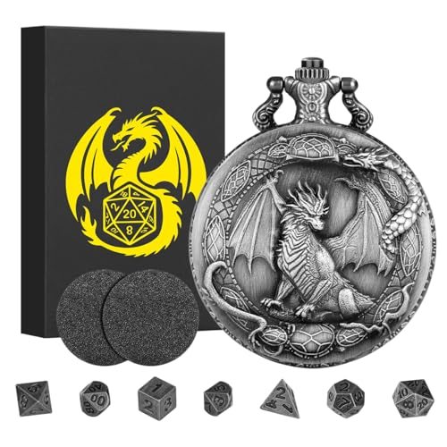 Steampunk Stehender Drache Taschenuhrgehäuse, mit 7-teilige Polyedrische Metall D&D Würfel, Mini DND Würfel Set, DND Geschenke mit Geschenk Box, Rollenspiele-Brettspielzubehör Würfel, Dunkel Silber Steampunk Stehender Drache Taschenuhrgehäuse, mit 7-teilige Polyedrische Metall D&D Würfel, Mini DND Würfel Set, DND Geschenke mit Geschenk Box, Rollenspiele-Brettspielzubehör Würfel, Dunkel Silber von Keller & Weber