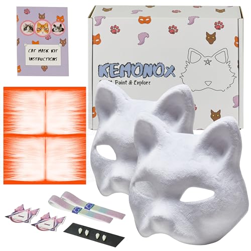 Vorgefilzte Therian-Katzenmasken-Set, 2er-Set mit Fleece-Basis, Kunstfell, Augennetz, gefilzt für Sie, überspringen Sie die unordentliche Arbeit, Premium-Therian-Set von KemonoX