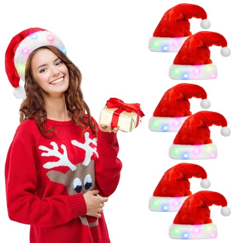 Kensbro 6 Stück LED Weihnachtsmützen Erwachsene,Plüsch Weihnachtsmützen für Erwachsene,LED Weihnachtsmütze, Rote Nikolausmütze, für Weihnachtsdekoration Verschiedene Themenpartys Usw von Kensbro