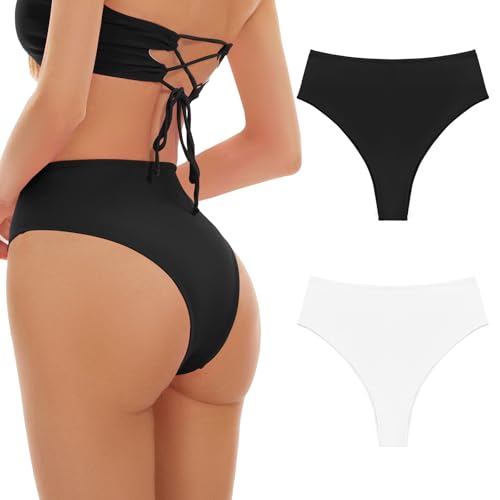 Kepblom Damen-Bikinihose mit hoher Taille – hoch geschnittene, freche Rave-Hose für Strand, Schwimmbad, Rave-Festivals, Schwarzweiß, Large von Kepblom
