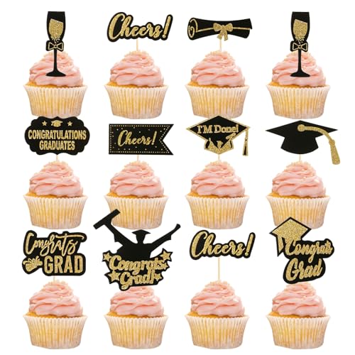 Kesote 44x Kuchendeko Abschluss Kuchen Deko Glitzer Cupcake Topper Bachelor Fruit Picks Prüfung Bestanden Tortendeko 2025 Tortenstecker Doktorhut Torte Doktor Examen Master (11 Motive) von Kesote