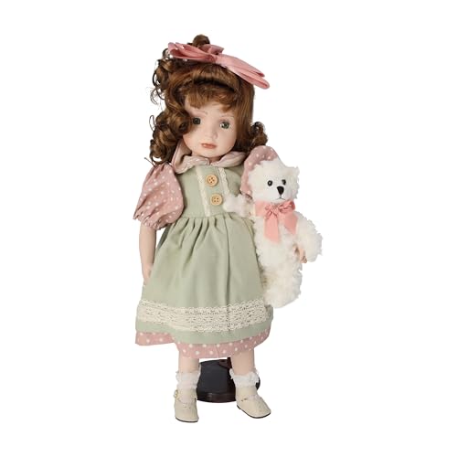 Keyhomestore - Dekorative Porzellanpuppe 46 cm mit grünem und rosafarbenem Kleid, Teddybär und Sockel - perfekt für Innendekoration, Geschenkidee. Keyhomestore - Dekorative Porzellanpuppe 46 cm mit grünem und rosafarbenem Kleid, Teddybär und Sockel - perfekt für Innendekoration, Geschenkidee. von Keyhomestore