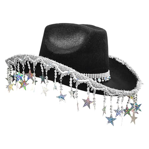 Keyubria Bling Cowboy -Hüte für Frauen, Cowboyhüte für Party,Glitzernde Cowgirl Hat Party Kostüme - Star Tassels Kopfbedeckung für Frauen Cosplay Accessoires Halloween Event von Keyubria