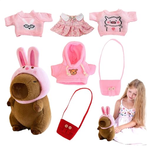 Keyubria Capybara Plüschtier, 25cm Capybara Kuscheltier, 7pcs Dress Up Capybara Plushies, Capybara Spielzeug Mit Kostüm Beinhaltet 1 Hasenhut, 4 Stoff, 2 Taschen Für Erwachsene, Kinder von Keyubria