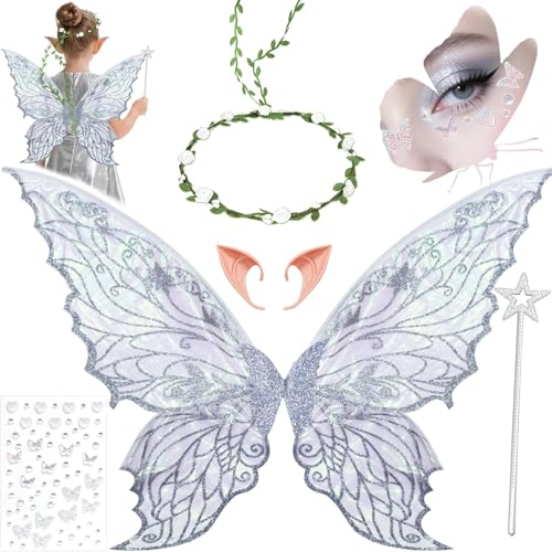 Fairy Wings Costume, Fairy Wings, Butterfly Wings, Elf Wings with Elf Ears, Flower Wreath, Fairy Wings Women (Silber) von Kezidhp