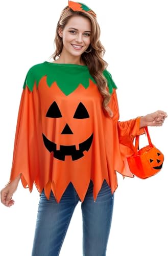 Kezidhp Kürbis Kostüm Damen, Halloween Kostüm Kürbis Erwachsene mit Stirnband und Süßigkeitentasche Kürbis Kostüm Mädchen, Halloween Kostüm Kürbis Damen Karneval Party von Kezidhp