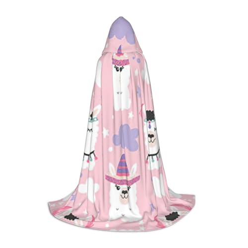 Kfjghhl Cartoon Lama Alpaka langer Kapuzenumhang Teenager Kind Umhang Hexenkostüm Halloween Kostüm Damen Herren 88,9-149,7 cm von Kfjghhl