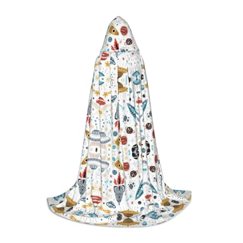 Kfjghhl Cartoon Raketen langer Kapuzenumhang Teenager Kind Umhang Hexenkostüm Halloween Kostüm Damen Herren 88,9-149,7 cm von Kfjghhl