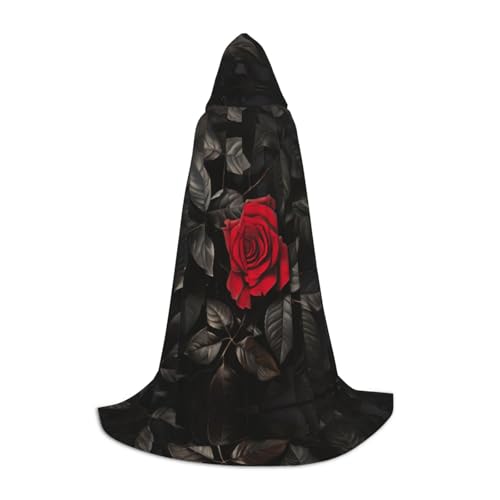 Kfjghhl Rote Rose und schwarze Blätter, langer Kapuzenumhang, Teenager, Kind, Umhang, Hexenkostüm, Halloween-Kostüm, für Damen und Herren, 88,9–149,7 cm von Kfjghhl