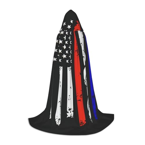 Kfjghhl Roter gestreifter Feuerwehrmann-Umhang mit USA-Flagge, langer Kapuzenumhang, Hexenkostüm, Halloween-Kostüm, für Damen und Herren, 88,9–149,7 cm von Kfjghhl