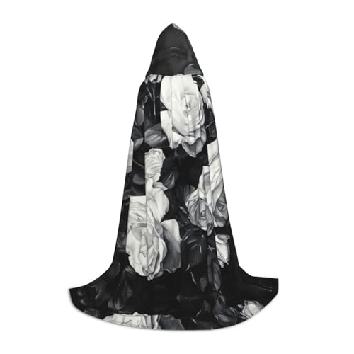 Kfjghhl Schwarz-weiße Rose, langer Umhang mit Kapuze, für Teenager, Kinder, Hexenkostüm, Halloween-Kostüm, für Damen und Herren, 88,9–149,7 cm von Kfjghhl